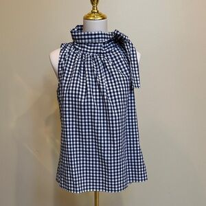 Duffield Lane Preppy Blue Checkered Sleeveless Blouse With Bow